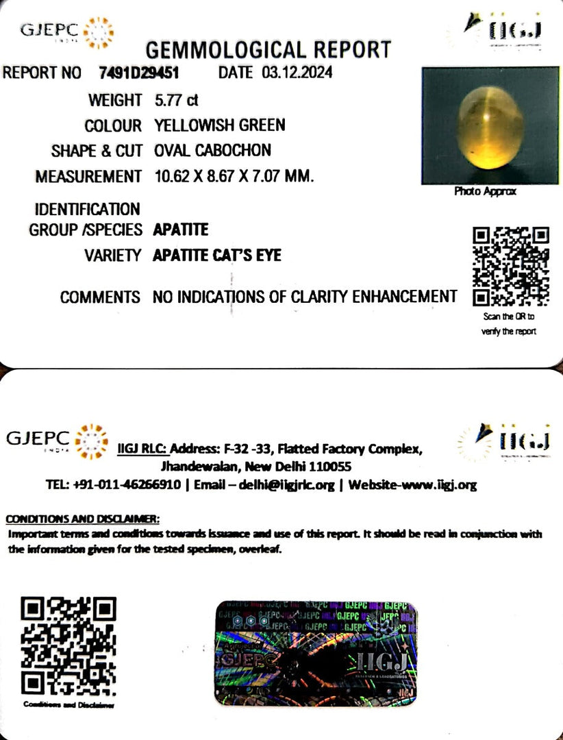 5.76/CT Natural Apatite Cat's Eye with Govt. Lab certificate-1221