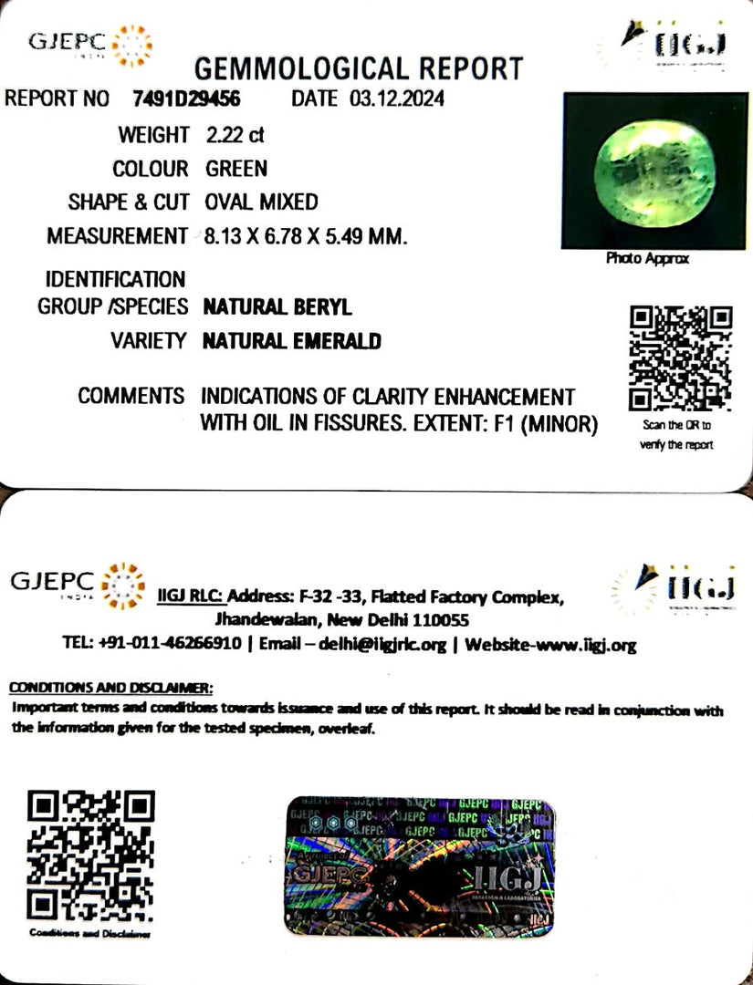 2.22/CT Natural Panna Stone with Govt. Lab Certificate-8991
