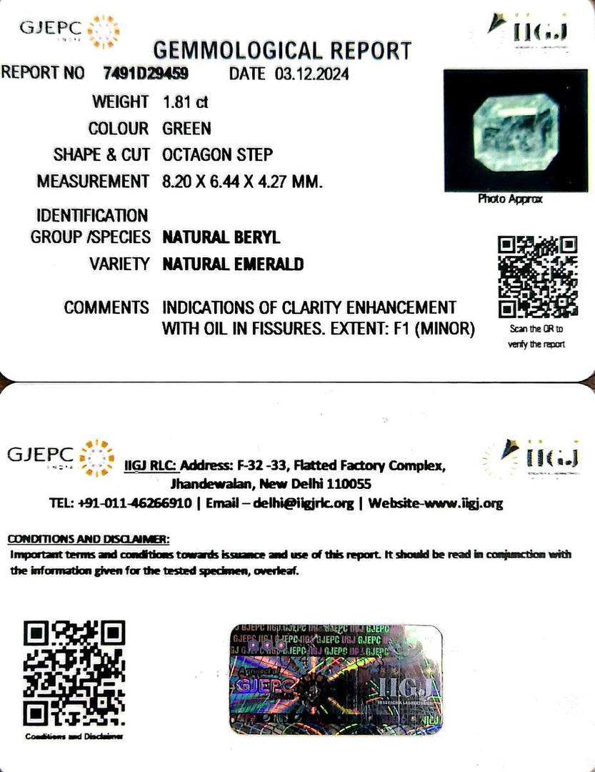 1.81/CT Natural Panna Stone with Govt. Lab Certificate-6771