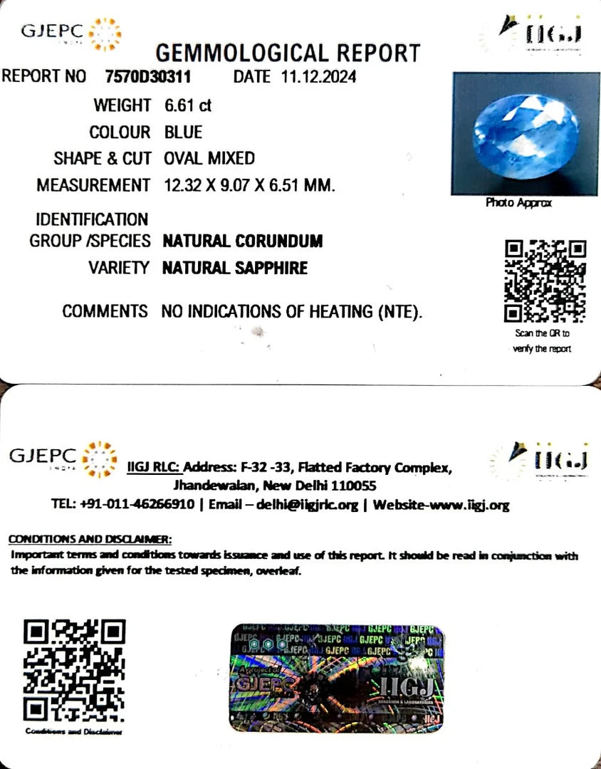 6.61/CT Natural Blue Sapphire with Govt Lab Certificate-34410