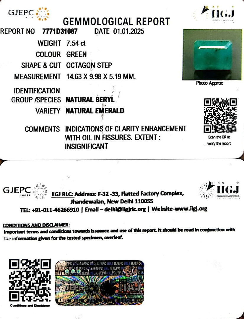 7.54/CT Natural Panna Stone with Govt. Lab Certificate-4551