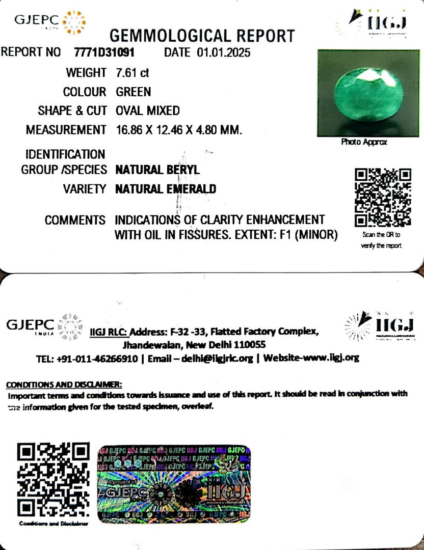 7.61/CT Natural Panna Stone with Govt. Lab Certificate-8991
