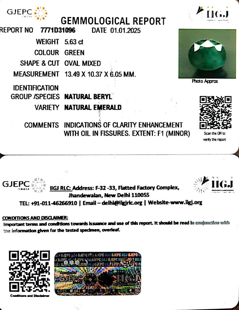 5.63/CT Natural Panna Stone with Govt. Lab Certificate-8991