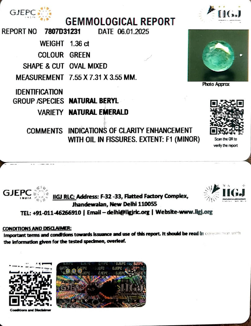 1.36/CT Natural Panna Stone with Govt. Lab Certificate-12210