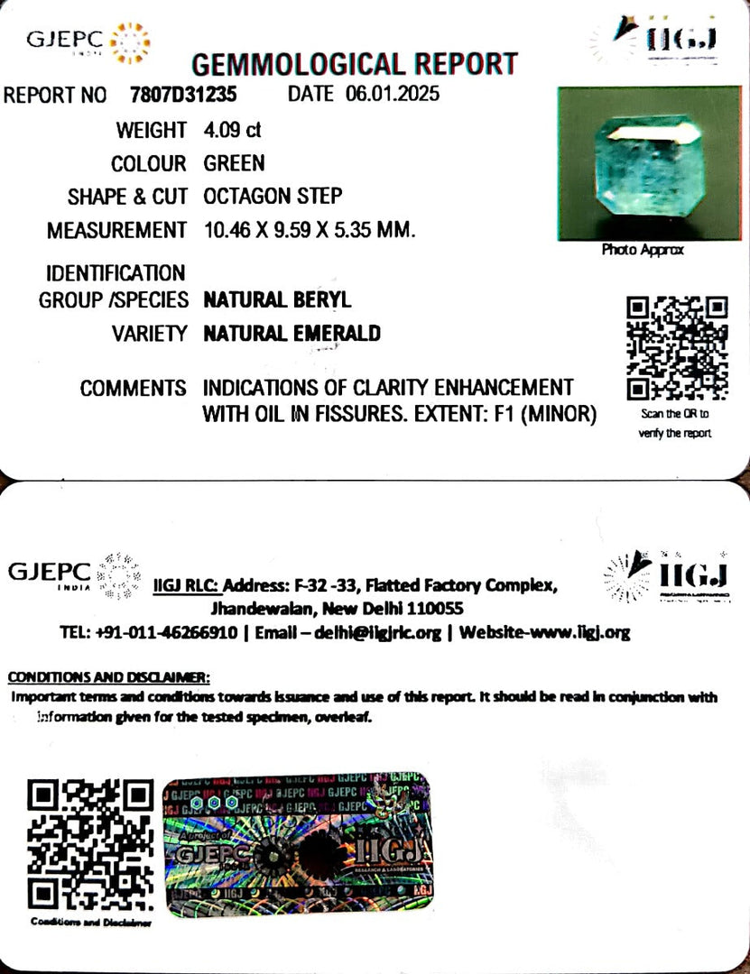 4.09/CT Natural Panna Stone with Govt. Lab Certificate-12210