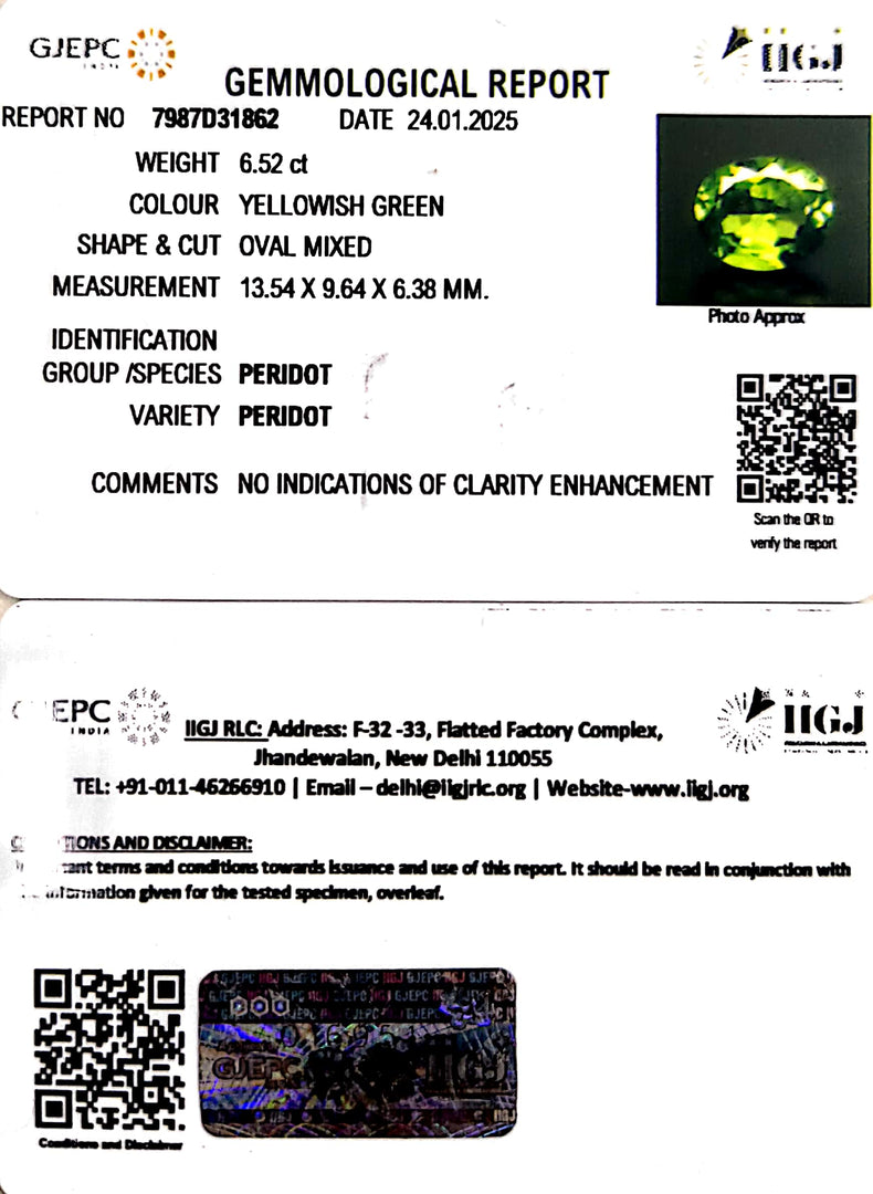 6.52/CT Natural Peridot Stone With Govt. Lab Certificate-7987D31862