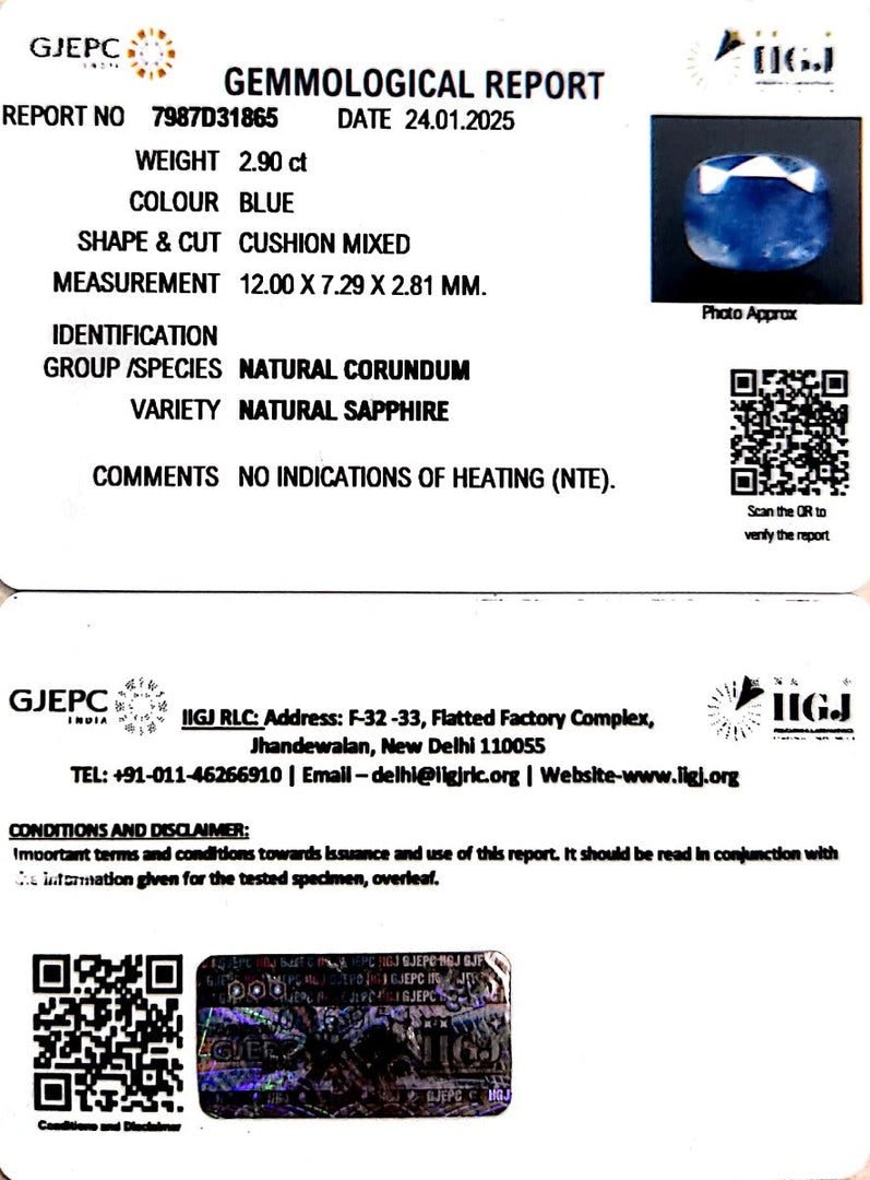 2.90/CT Natural Blue Sapphire with Govt Lab Certificate-6771