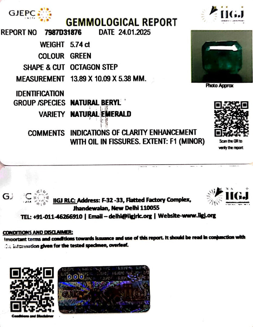 5.74/CT Natural Panna Stone with Govt. Lab Certificate-12210