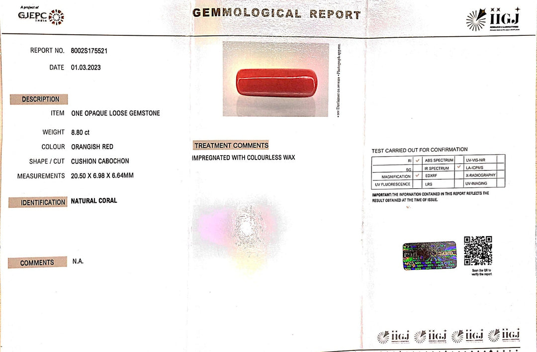 8.79/Carat Natural Cylindrical Red Coral (1800)