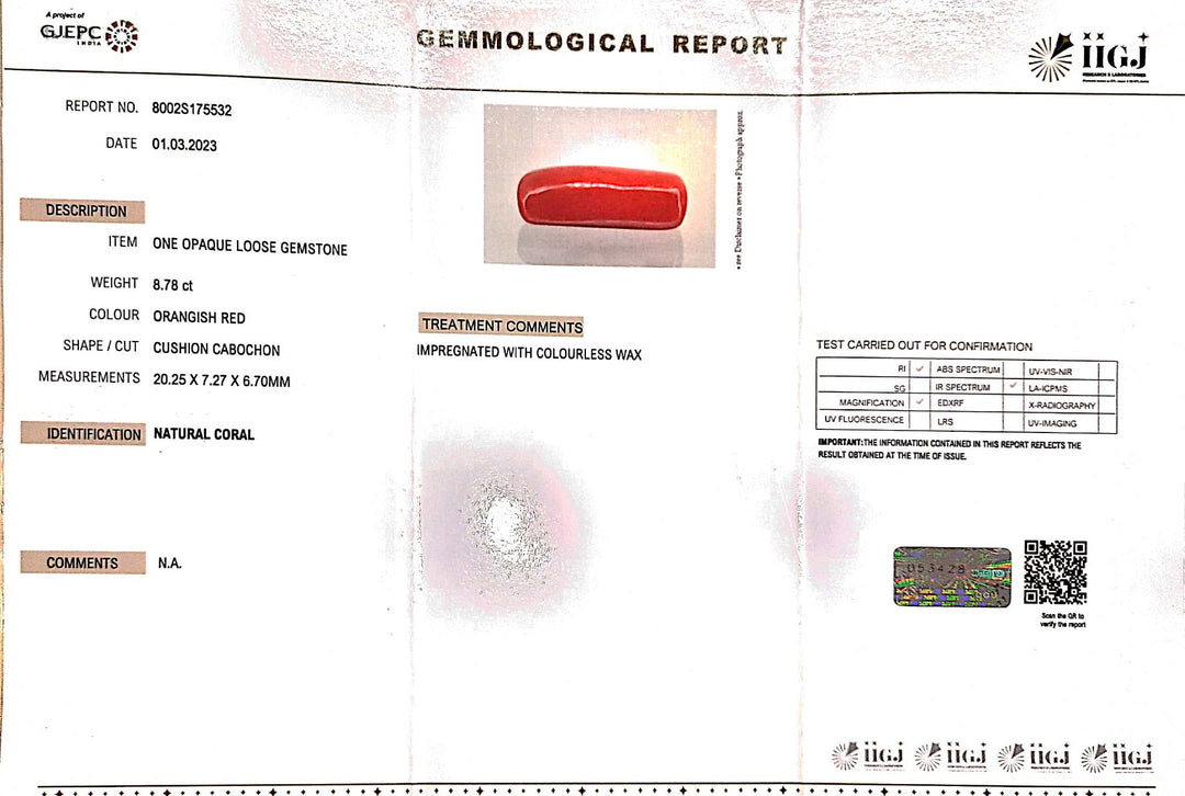 8.78/Carat Natural Cylindrical Red Coral (1800)