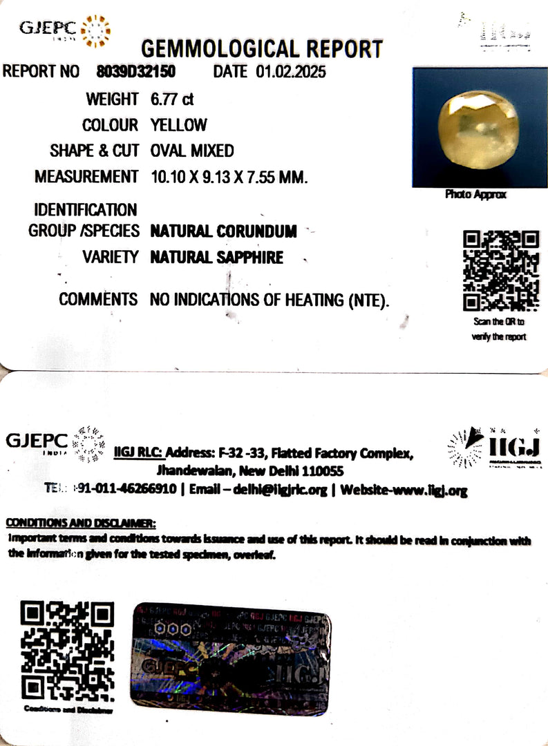 6.77/CT Natural Yellow Sapphire With Govt Lab Certificate