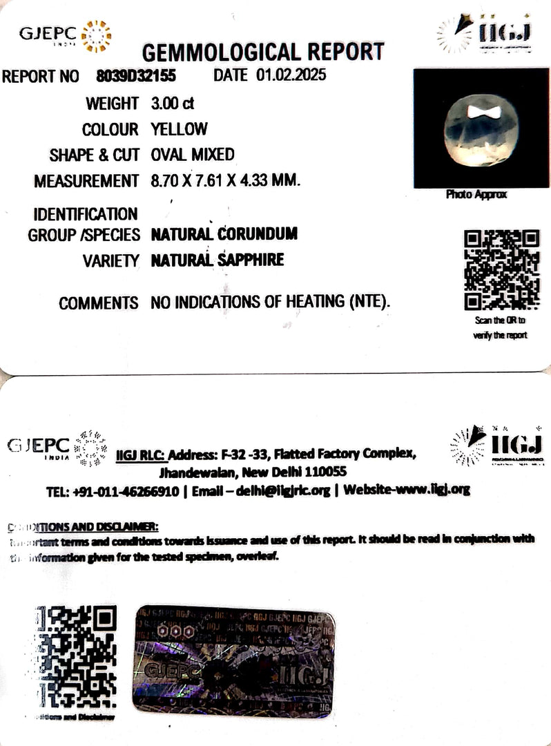 3.00/CT Natural Yellow Sapphire With Govt Lab Certificate