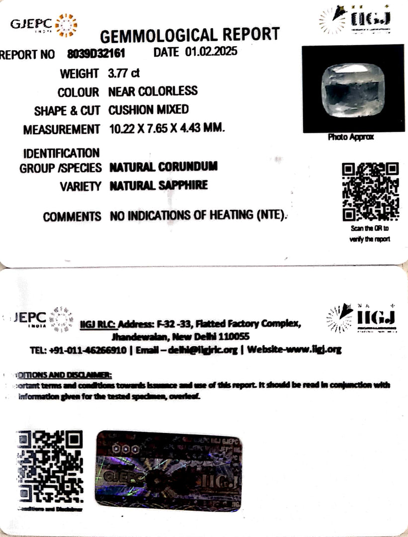 3.77/CT Natural White Sapphire with Govt Lab Certificate-8039D32161