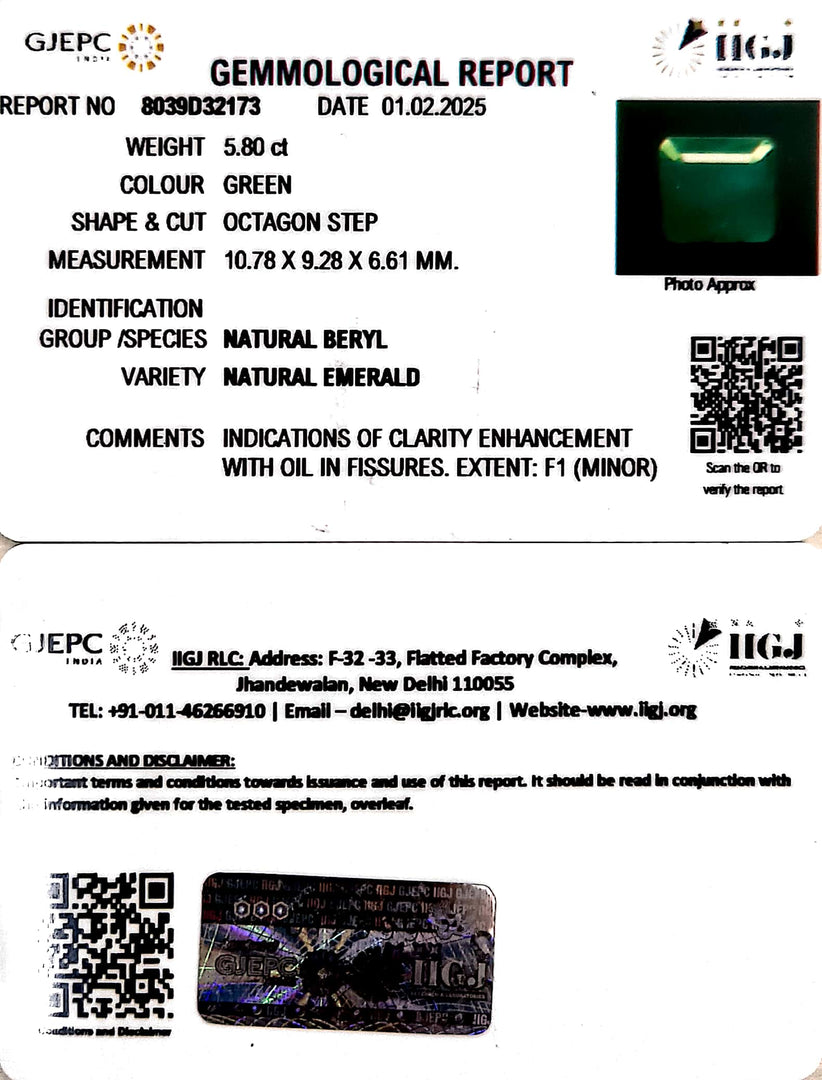 5.80/CT Natural Panna Stone with Govt. Lab Certificate (12210)