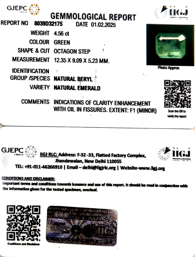 4.56/CT Natural Panna Stone with Govt. Lab Certificate (8991)