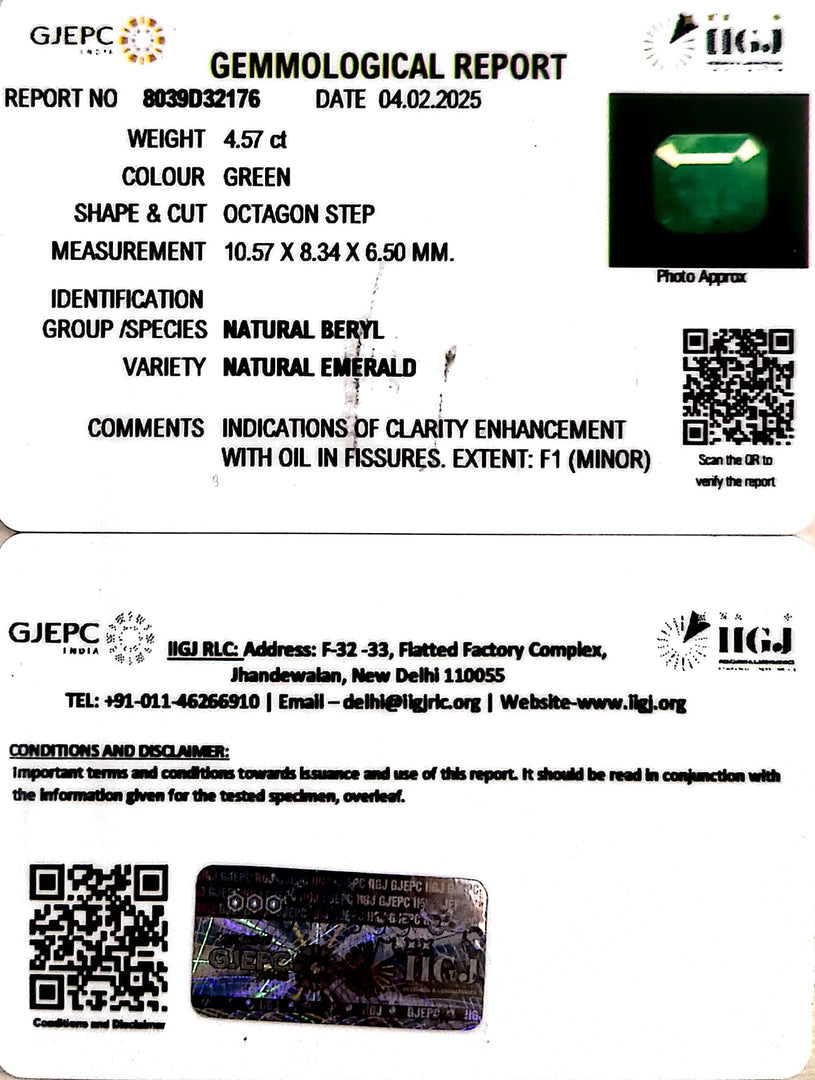 4.57/CT Natural Panna Stone with Govt. Lab Certificate (6771)
