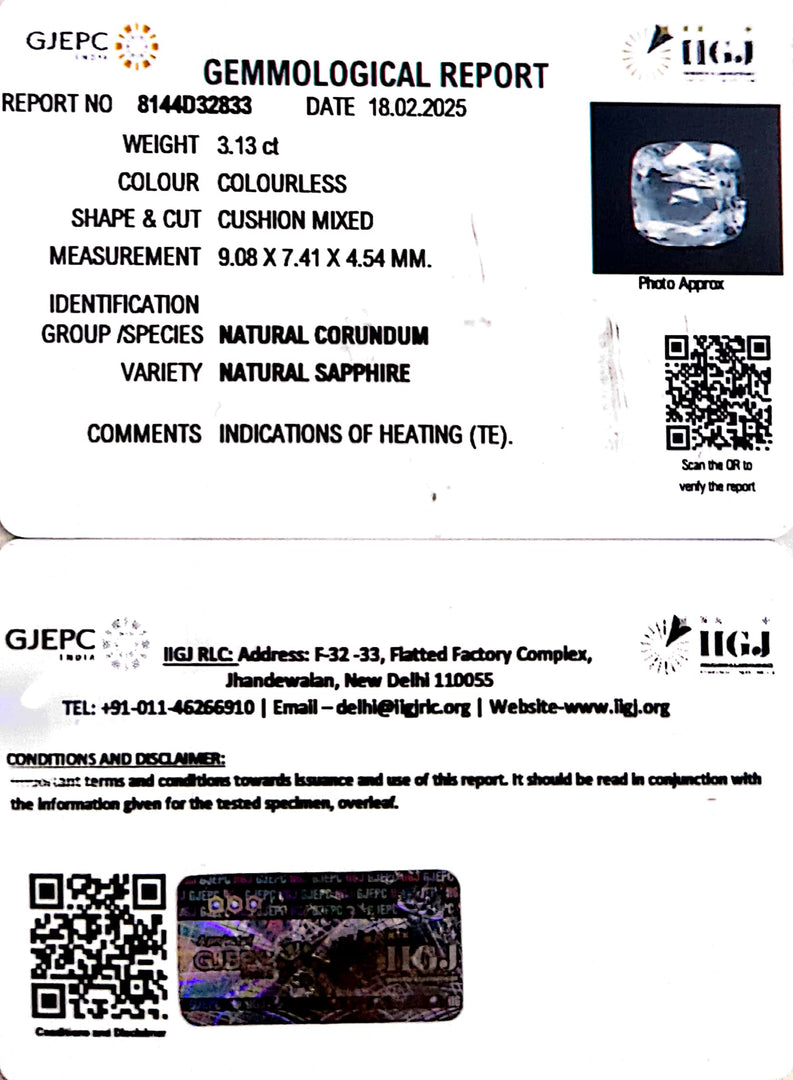 3.13/CT Natural White Sapphire with Govt Lab Certificate-8144D32833