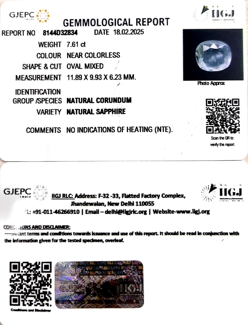 7.61/CT Natural White Sapphire with Govt Lab Certificate-8144D32834
