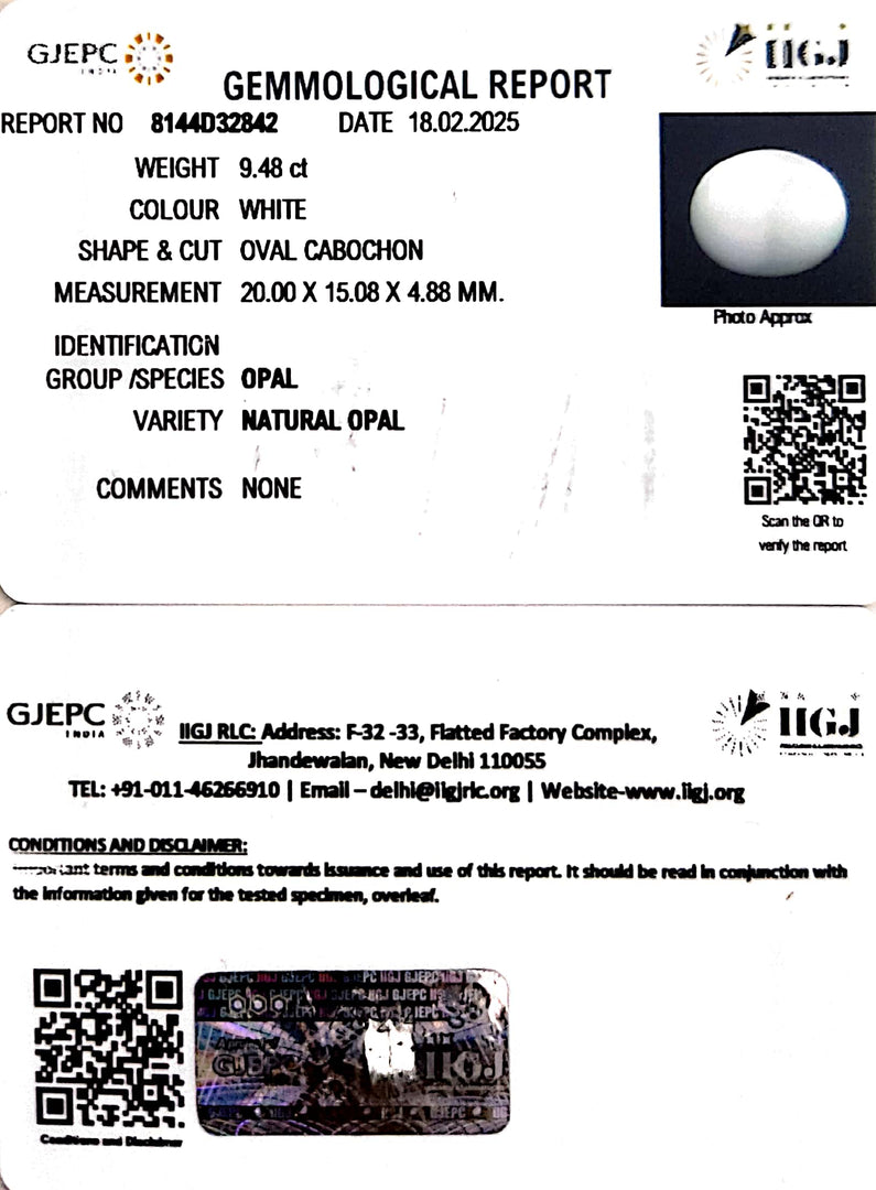 9.48/CT Natural Opal with Govt. Lab Certificate
