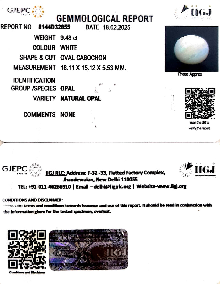 9.48/CT Natural Opal with Govt. Lab Certificate