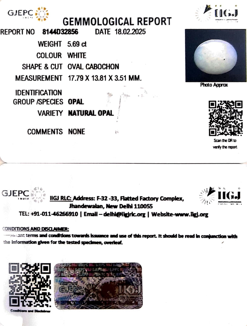 5.69/CT Natural Opal with Govt. Lab Certificate