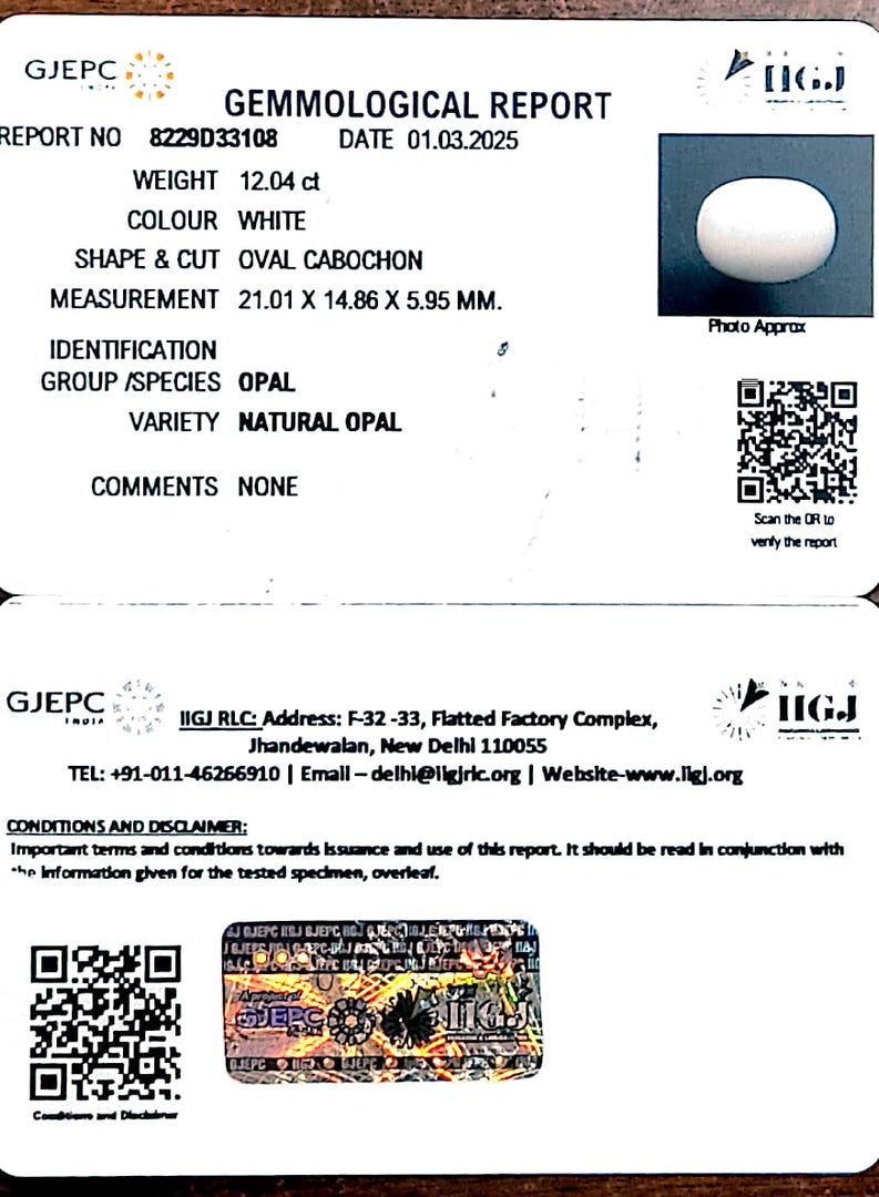 12.04/CT Natural Opal with Govt. Lab Certificate