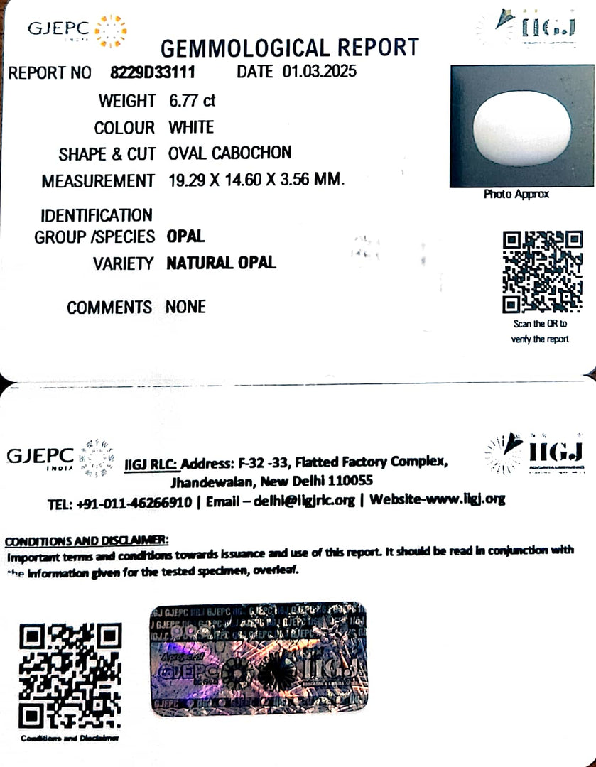 6.77/CT Natural Opal with Govt. Lab Certificate