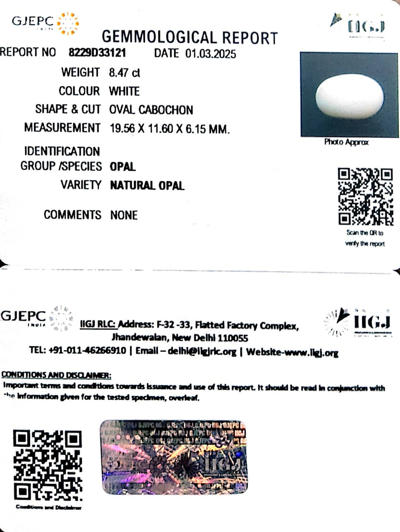 8.47/CT Natural Opal with Govt. Lab Certificate