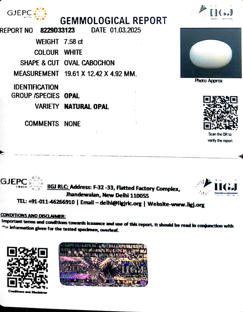 7.58/CT Natural Opal with Govt. Lab Certificate