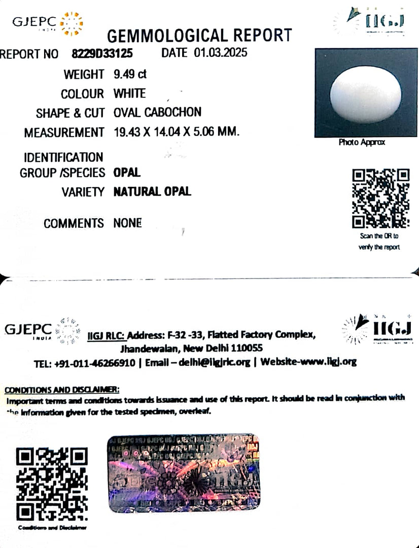 9.49/CT Natural Opal with Govt. Lab Certificate