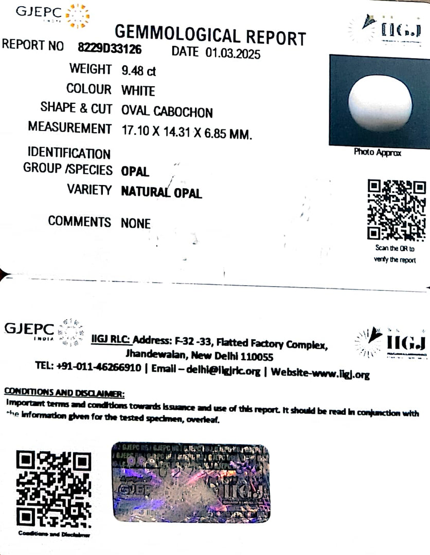 9.48/CT Natural Opal with Govt. Lab Certificate