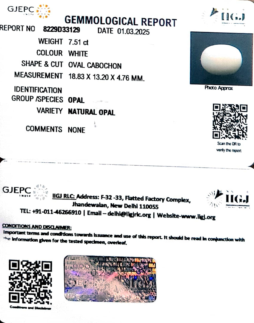 7.51/CT Natural Opal with Govt. Lab Certificate