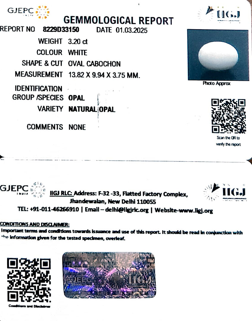 3.20/CT Natural Opal with Govt. Lab Certificate