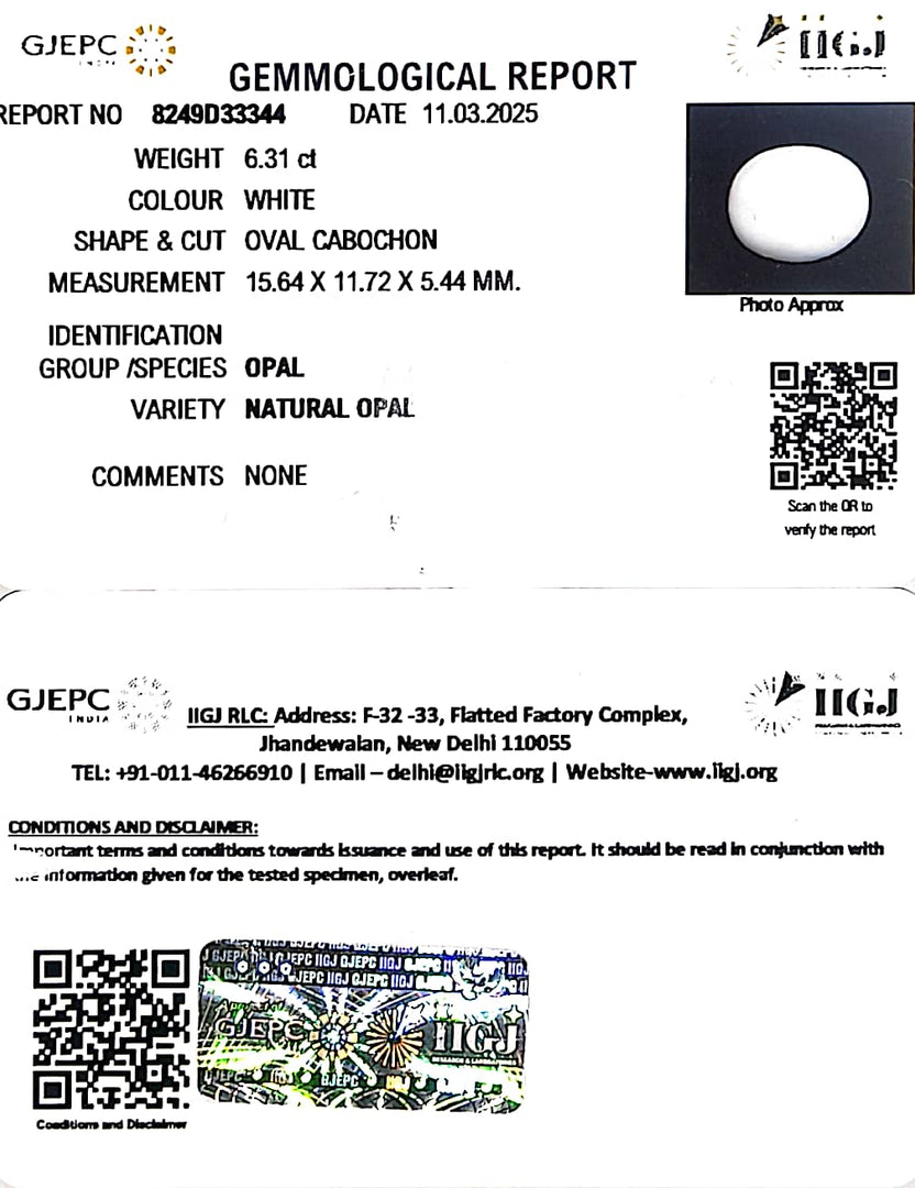 6.31/CT Natural Opal with Govt. Lab Certificate