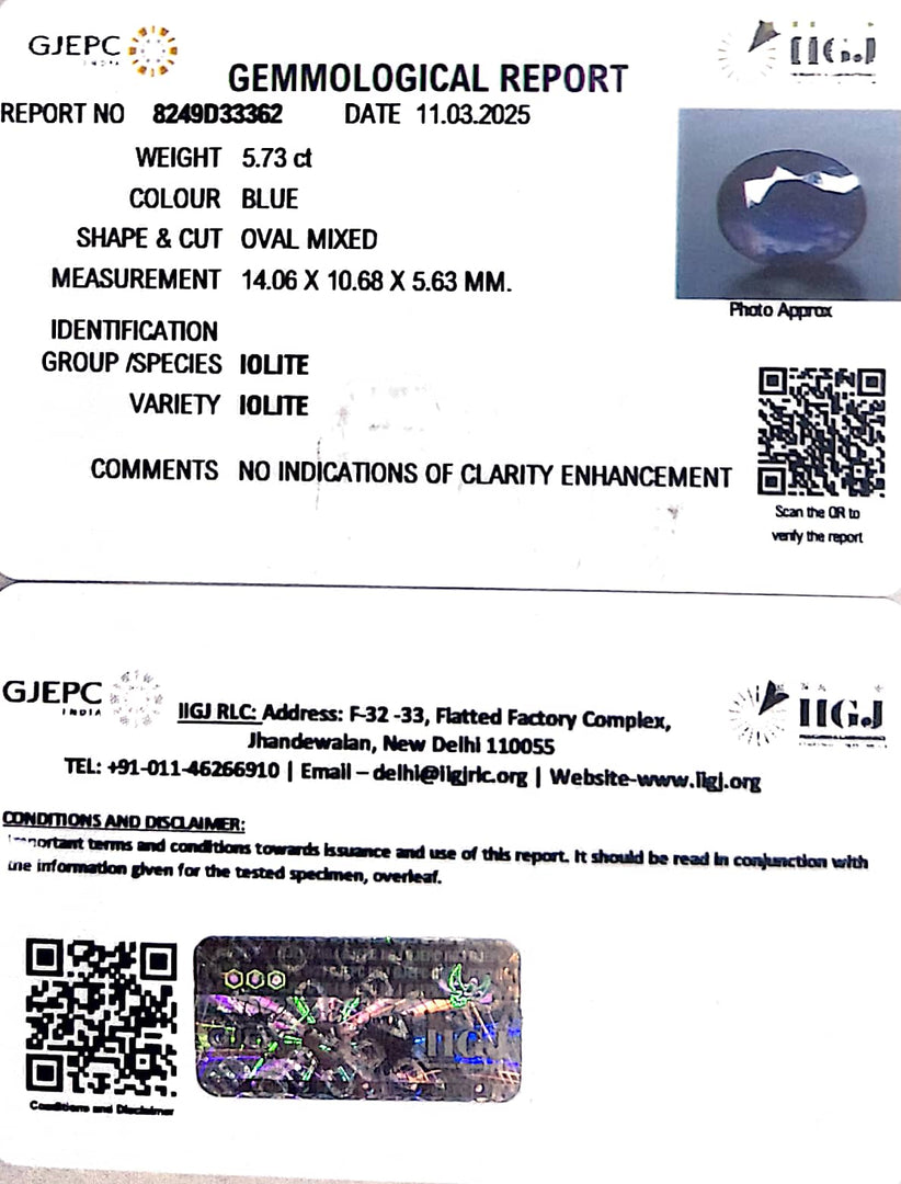 5.73/CT Natural Iolite With Govt. Lab Certificate