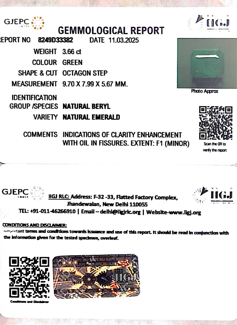 3.66/CT Natural Panna Stone with Govt. Lab Certificate (45510)