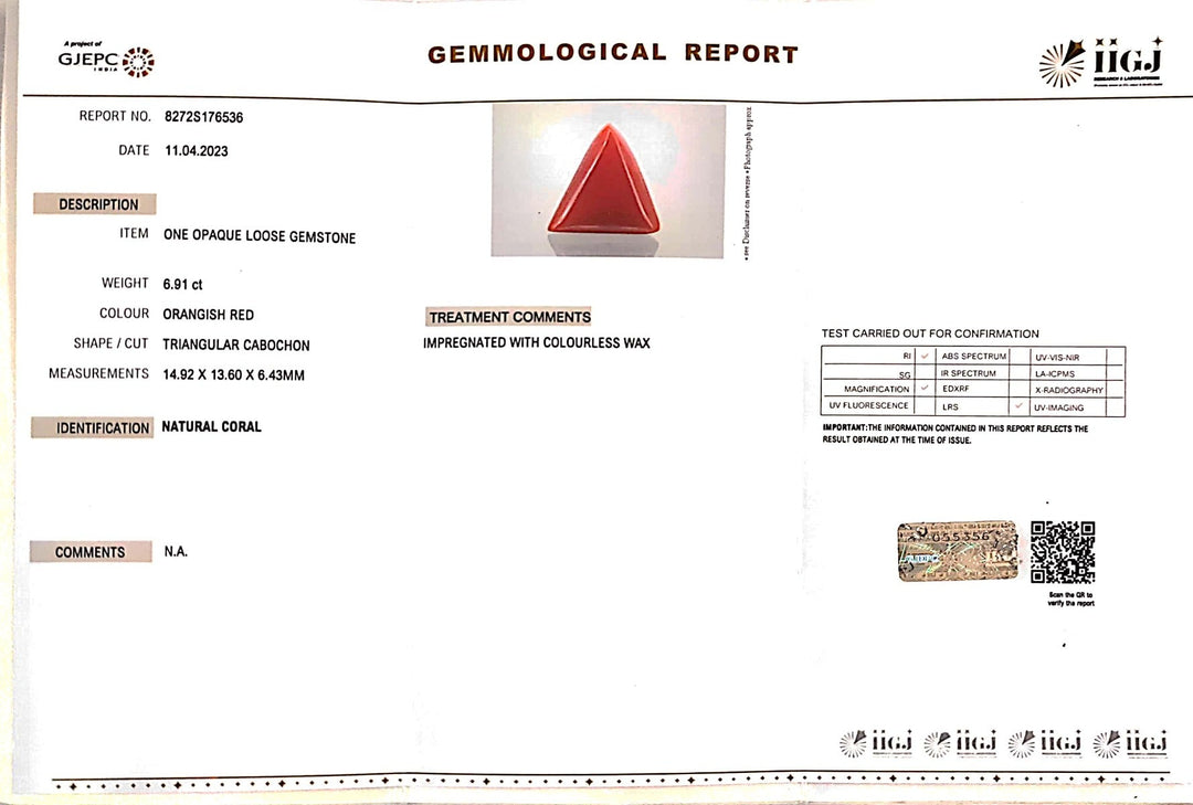 6.91/CT Natural Triangular Red Coral (1054)