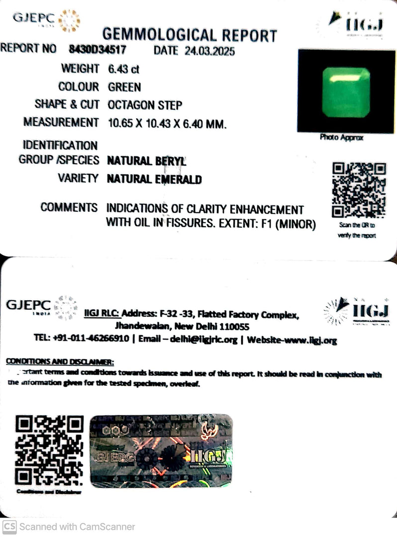 6.43/CT Natural Panna Stone with Govt. Lab Certificate