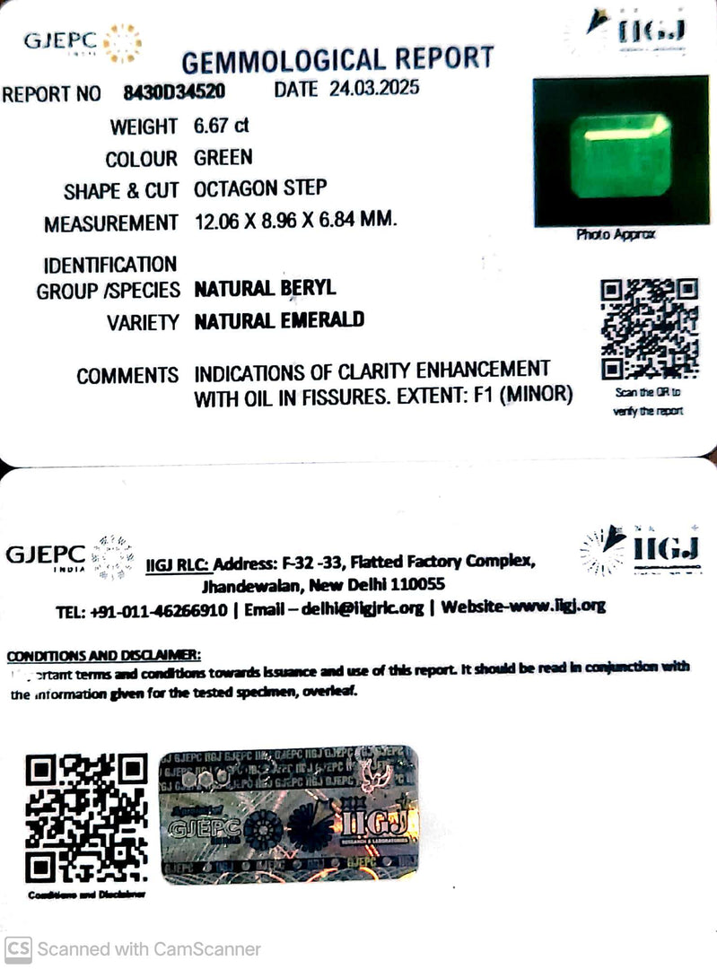 6.67/CT Natural Panna Stone with Govt. Lab Certificate
