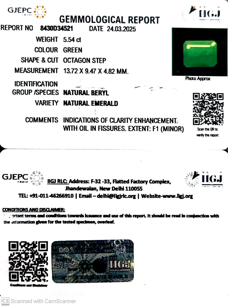 5.54/CT Natural Panna Stone with Govt. Lab Certificate