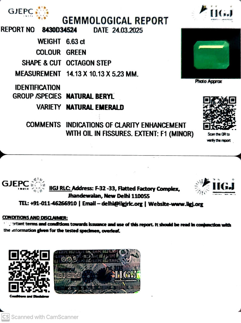 6.63/CT Natural Panna Stone with Govt. Lab Certificate