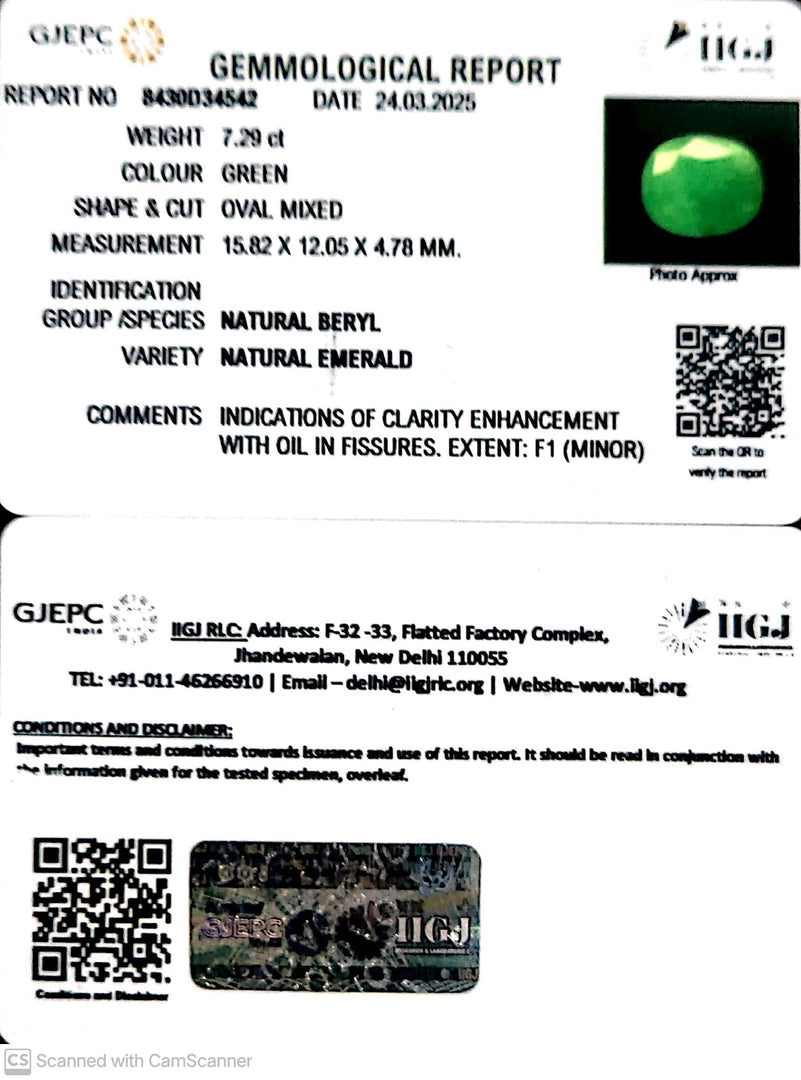 7.29/CT Natural Panna Stone with Govt. Lab Certificate