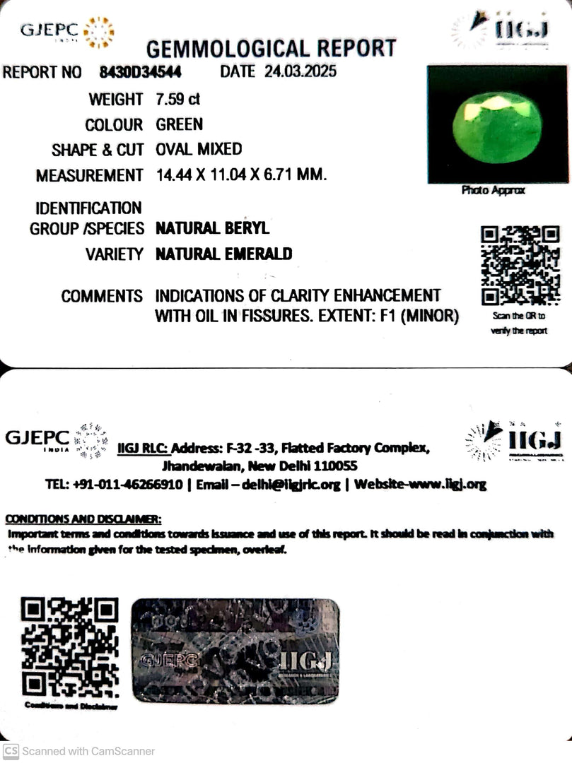 7.59/CT Natural Panna Stone with Govt. Lab Certificate