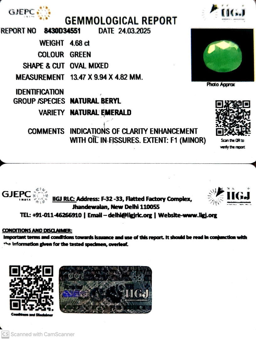 4.68/CT Natural Panna Stone with Govt. Lab Certificate