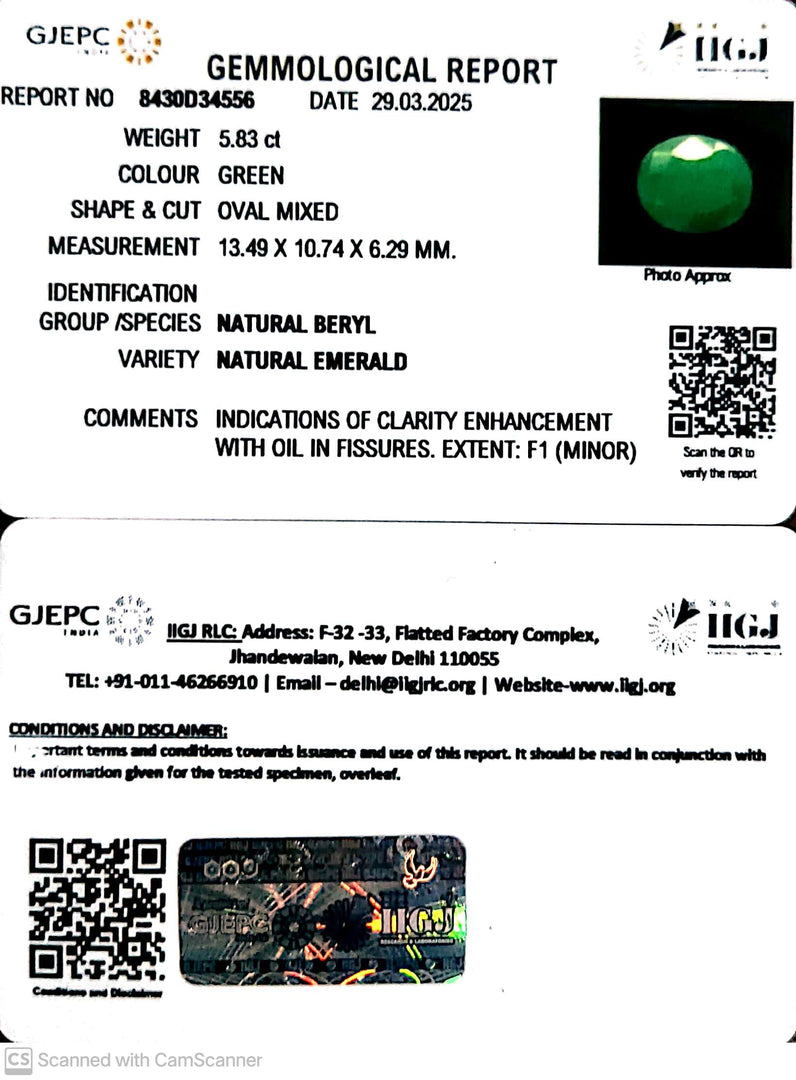 5.83/CT Natural Panna Stone with Govt. Lab Certificate