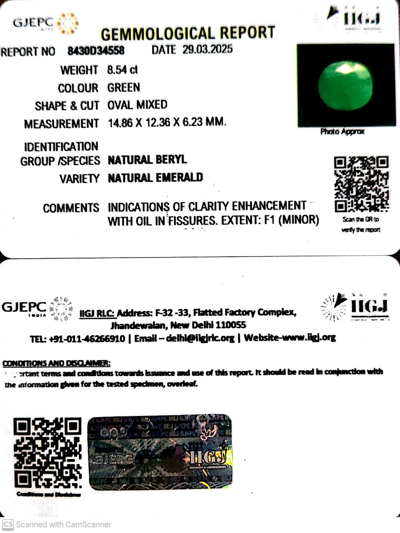 8.54/CT Natural Panna Stone with Govt. Lab Certificate
