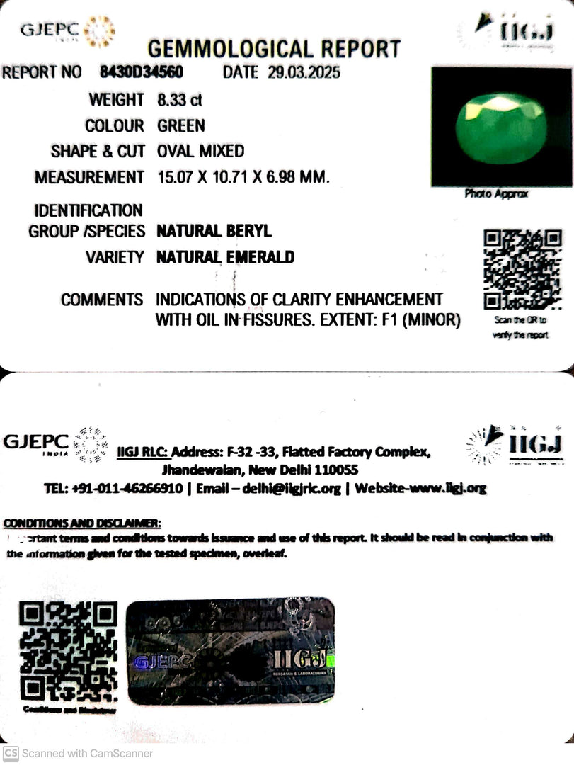 8.33/CT Natural Panna Stone with Govt. Lab Certificate