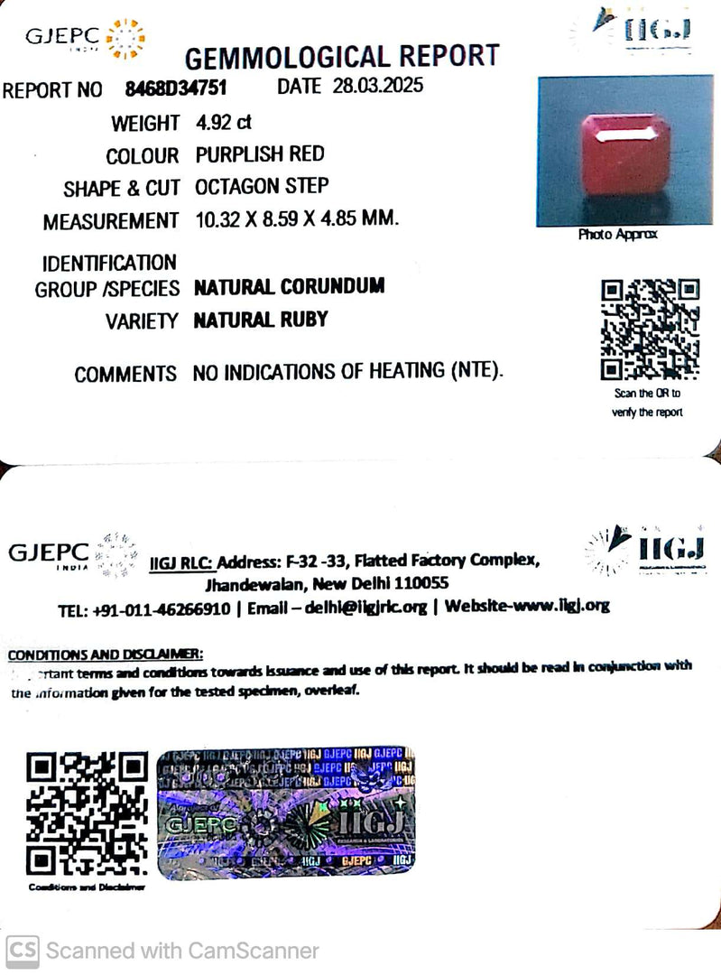 4.92/CT Natural Ruby with Govt. Lab Certificate