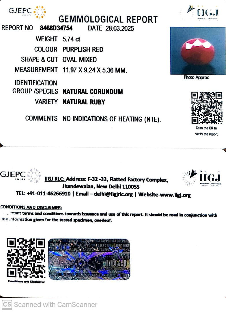 5.74/CT Natural Ruby with Govt. Lab Certificate