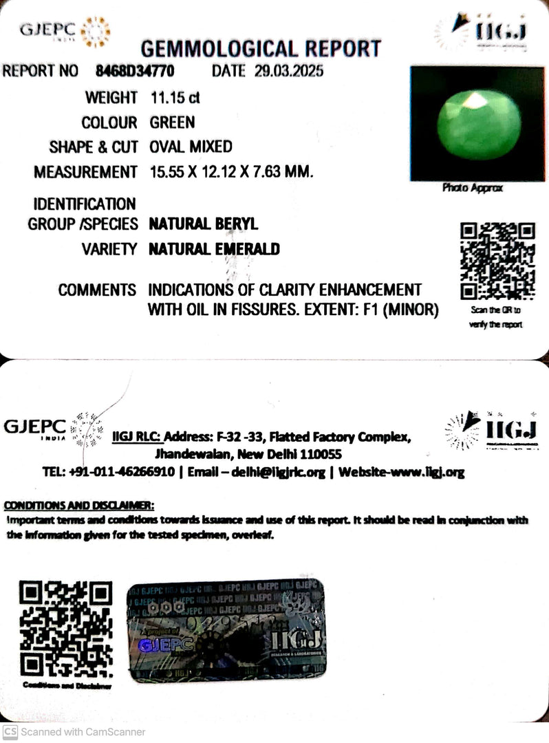 11.15/CT Natural Panna Stone with Govt. Lab Certificate (1221)
